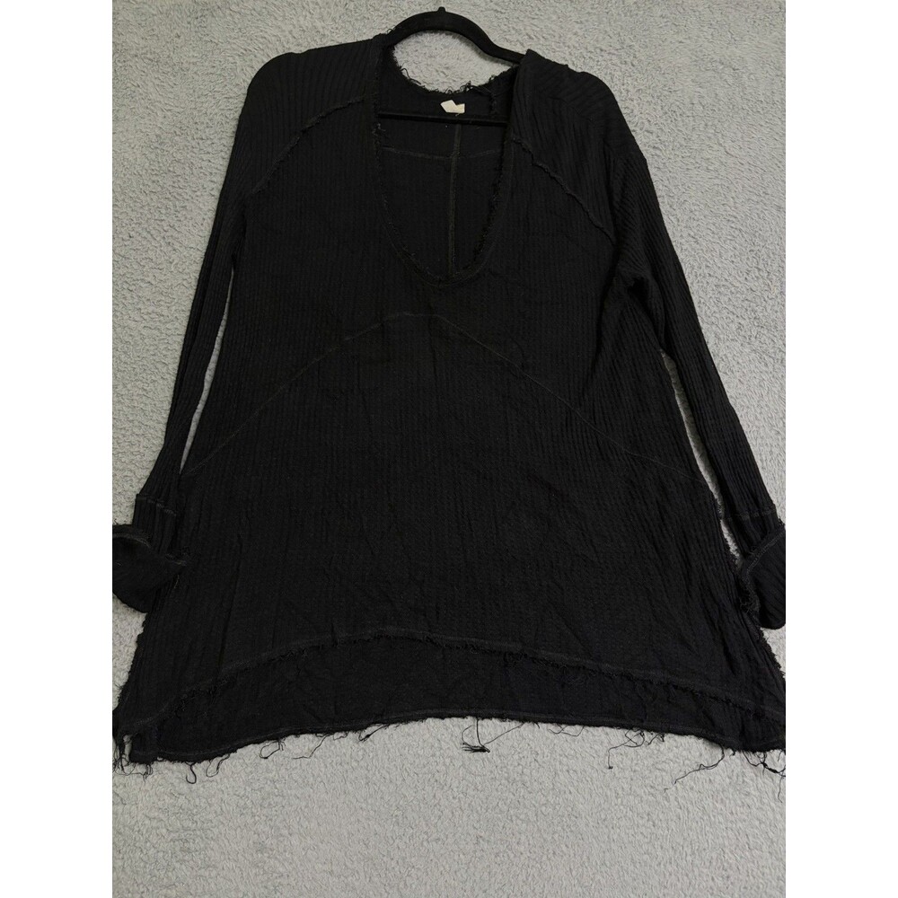 Free People Waffle Long Sleeve Boho V Neck Top Women's Medium Black